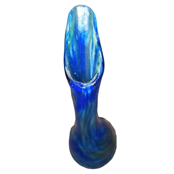 Hand Blown Blue & White Swirl Art Glass Vase With Abstract Fluted Rim 10 Inches - Picture 9 of 14